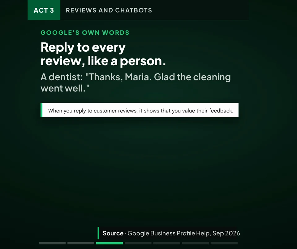 Example of a dentist replying to a patient review in plain, personal words