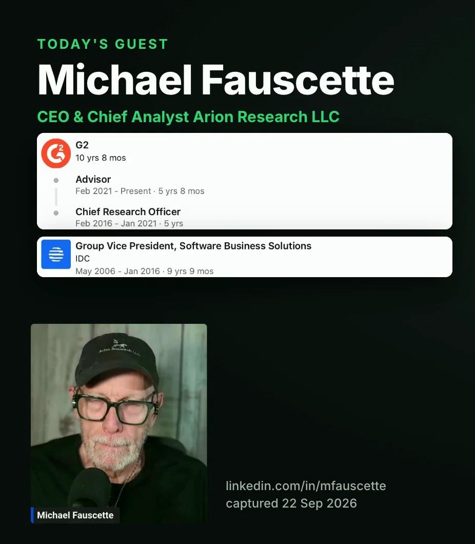 Guest card for Michael Fauscette showing his G2 and IDC roles, cropped from his LinkedIn profile