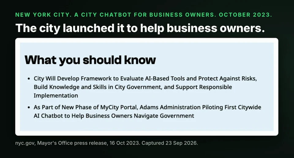 New York City Mayor's Office release, October 2023: the city launched an AI chatbot to help business owners.