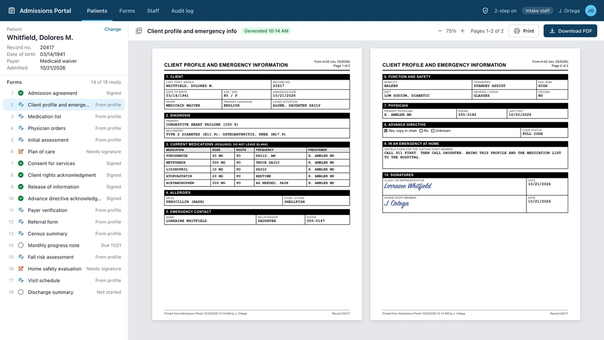 Staff portal listing 18 admission forms for one test patient, with the client profile open as a two-page printable form.