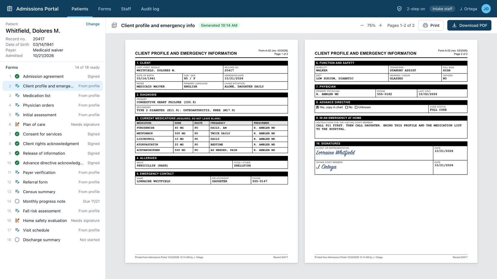 Staff portal listing 18 admission forms for one test patient, with the client profile open as a two-page printable form.