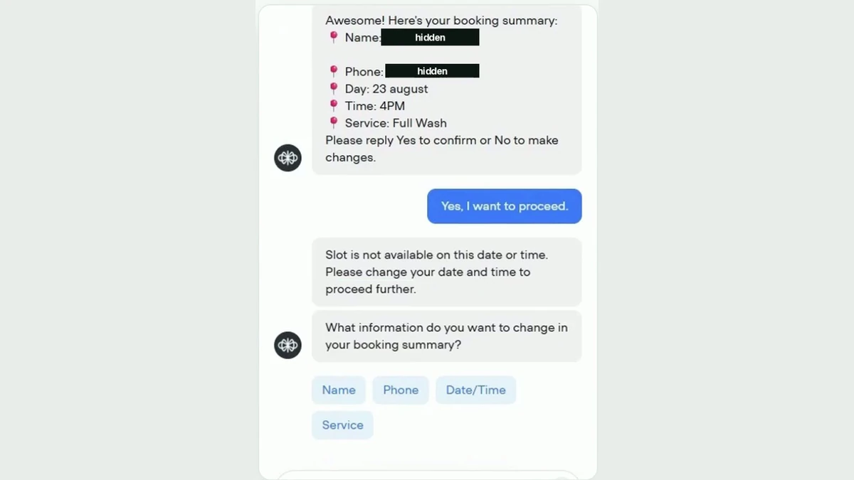 The booking chat refusing a taken slot: the summary for 23 August at 4 PM, then 'Slot is not available', with name and phone covered by black boxes.
