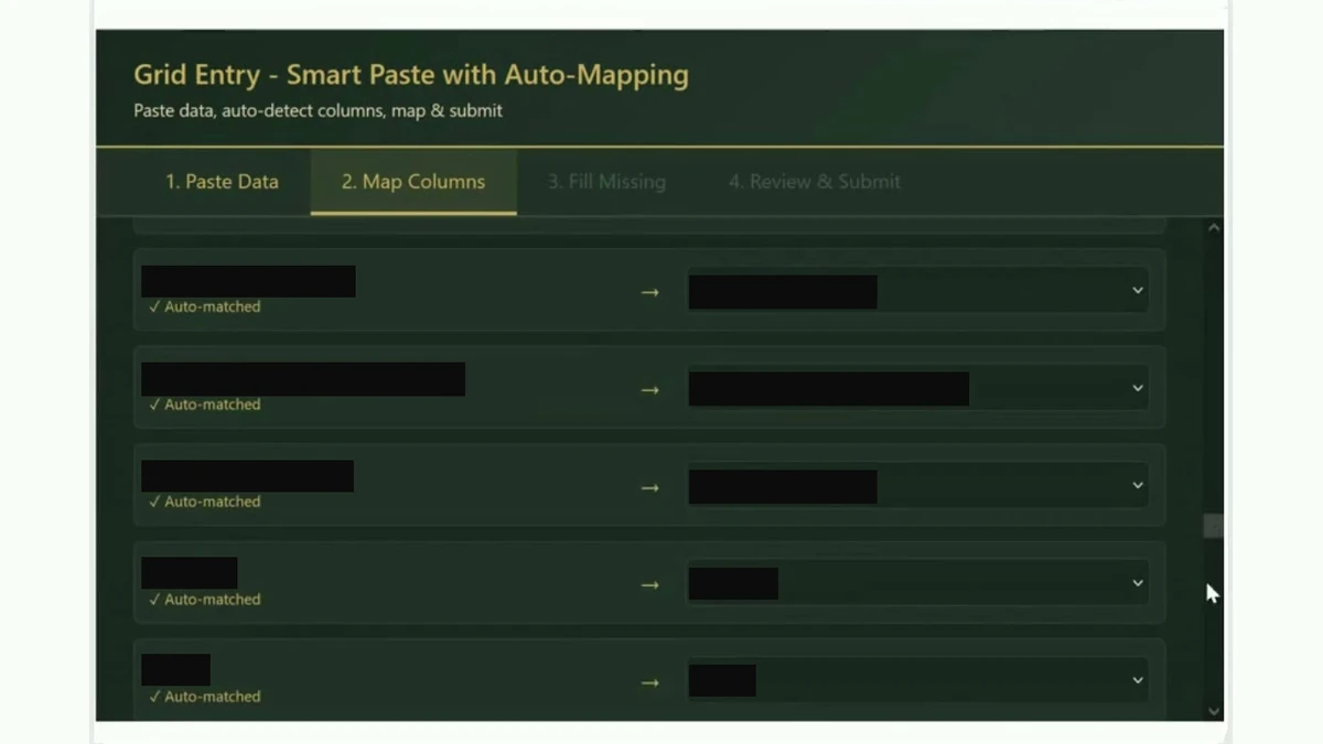 The Google Sheets import step where every column is auto-matched, with the column labels covered by black boxes.