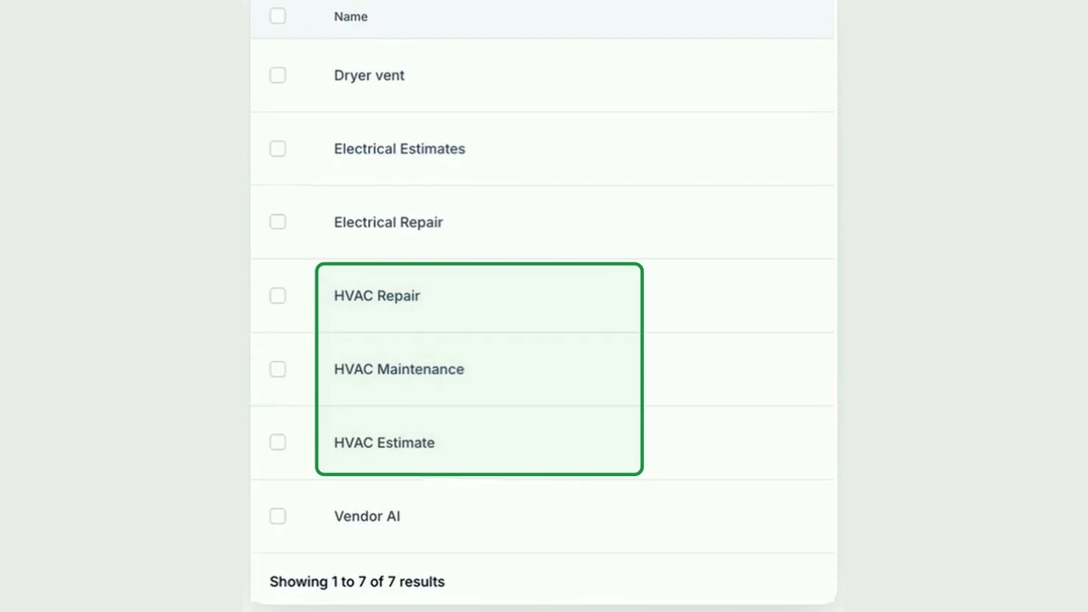 The GoHighLevel list of voice AI agents, one per service: dryer vent, electrical estimates, electrical repair, HVAC repair, HVAC maintenance, HVAC estimate and vendors.