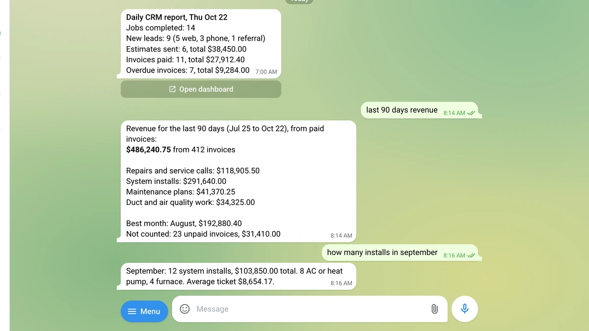 Telegram chat where the owner asks for the last 90 days of revenue and an assistant answers with the total from paid invoices, split by job type.