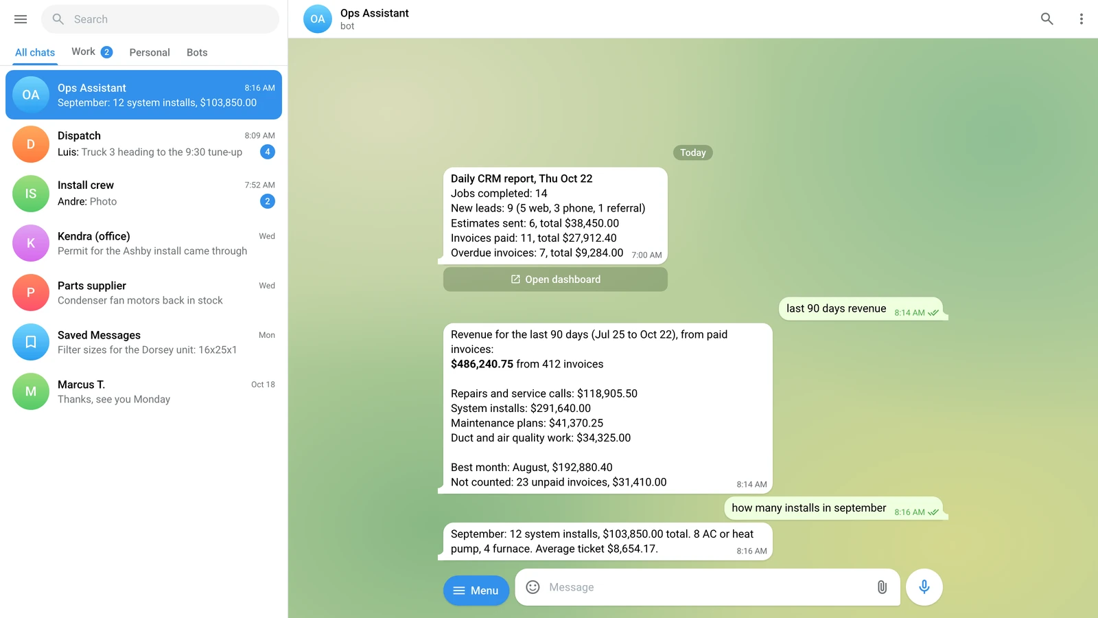 Telegram chat where the owner asks for the last 90 days of revenue and an assistant answers with the total from paid invoices, split by job type.