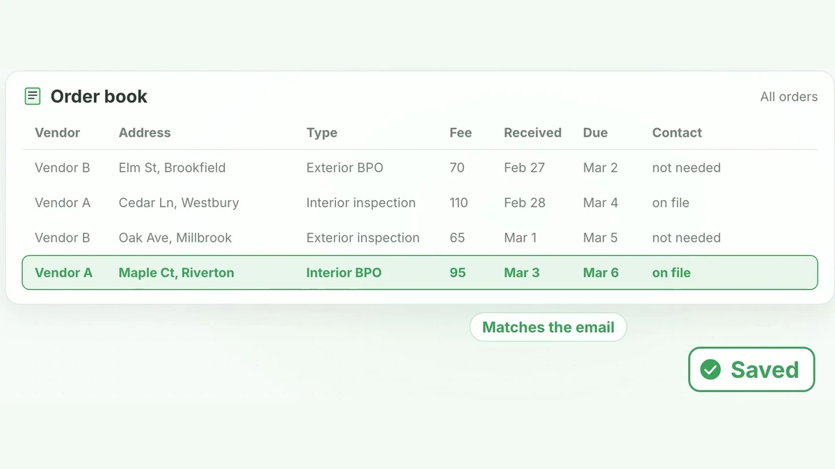 Order book where the new order email is saved as a row with vendor, address, type, fee, dates and contact.