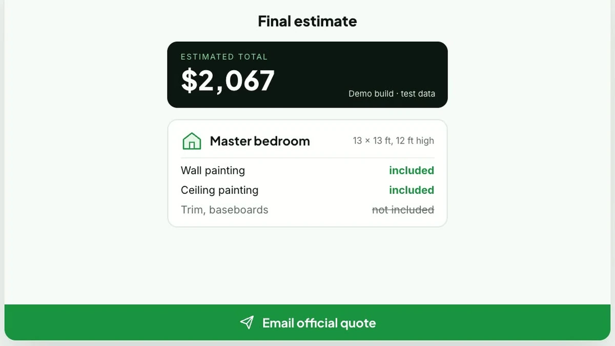 Final estimate screen from the voice agent demo: the total for a 13 by 13 ft master bedroom, walls and ceiling included, trim left out.