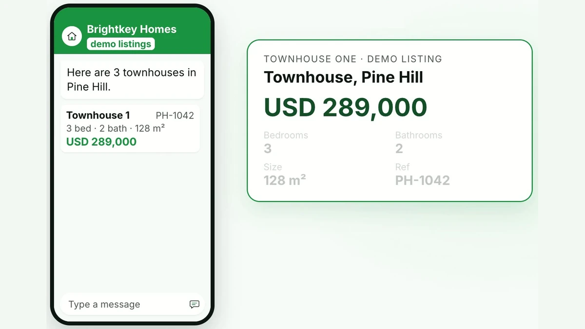 Website chat answering a townhouse search with three results and a demo listing at USD 289,000.