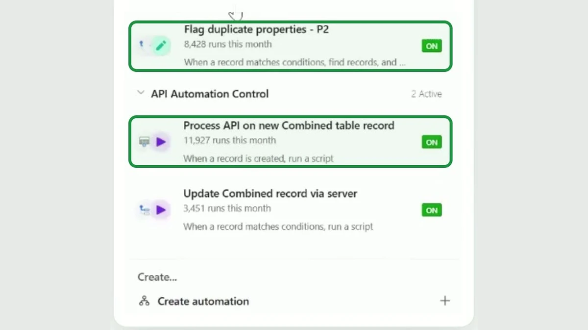 Airtable automation list showing 11,927 runs this month for processing new property records, 8,428 runs for flagging duplicate properties and 3,451 server updates.