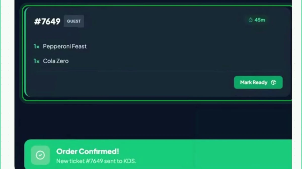 Kitchen display demo with ticket #7649 for one Pepperoni Feast and one Cola Zero, and Order Confirmed after the AI call.
