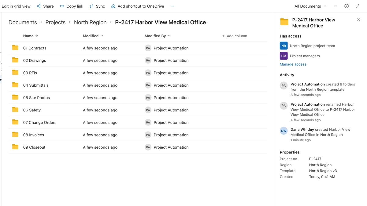 SharePoint library where a new project folder got its number and nine template subfolders seconds after it was created.