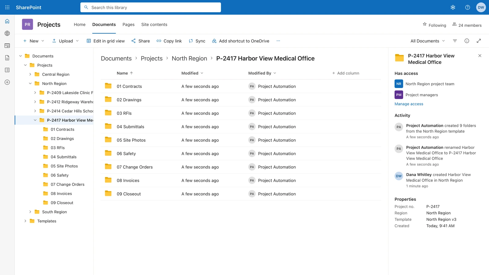 SharePoint library where a new project folder got its number and nine template subfolders seconds after it was created.