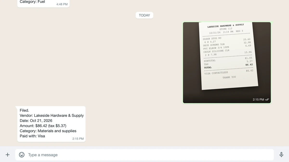 WhatsApp chat where a receipt photo is sent and the reply comes back with vendor, amount and category filed.