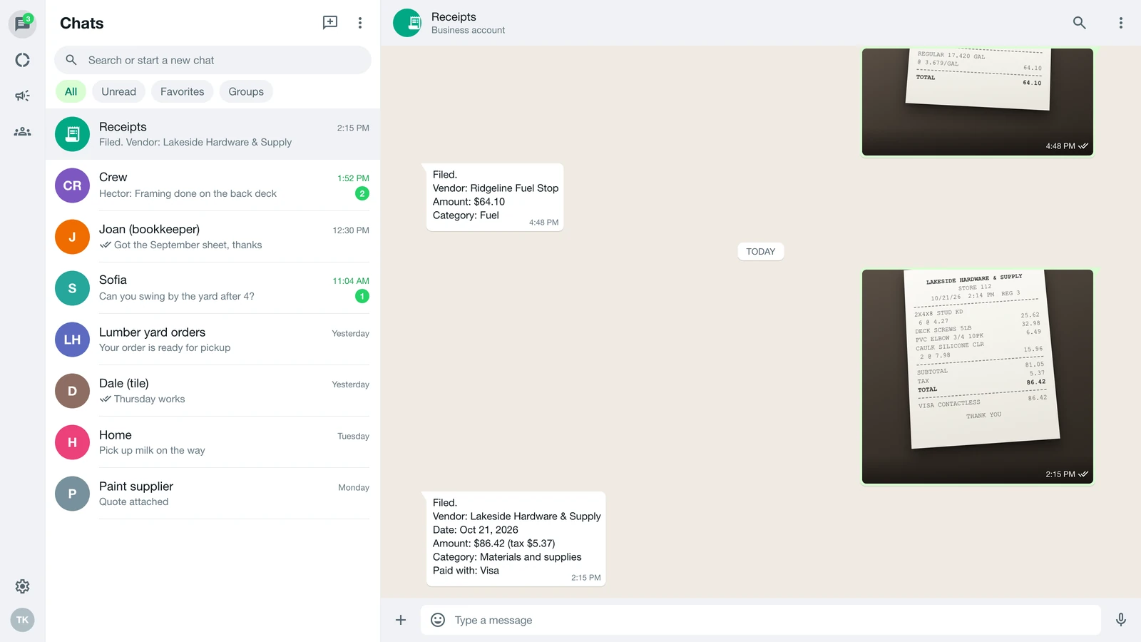 WhatsApp chat where a receipt photo is sent and the reply comes back with vendor, amount and category filed.