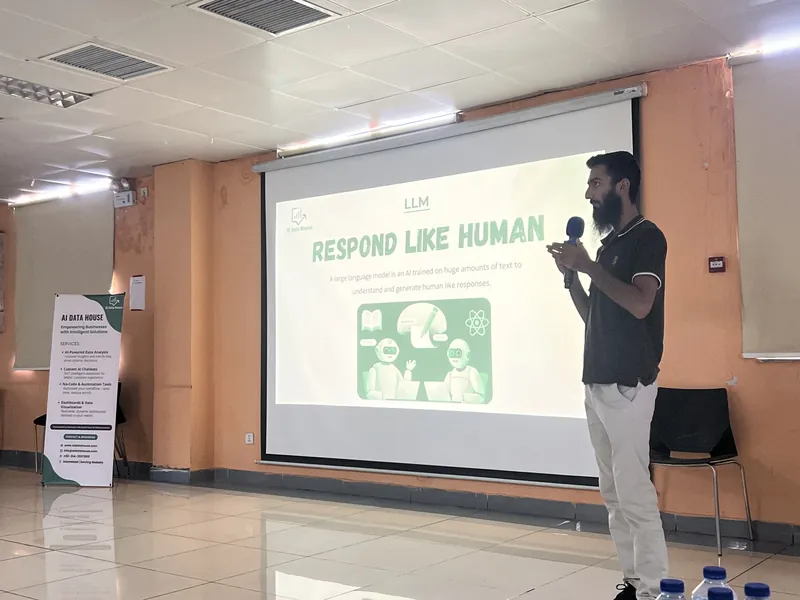 Projector screen showing an AI lesson during the session