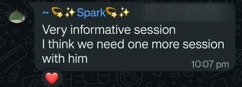 Message from Spark: Very informative session. I think we need one more session with him